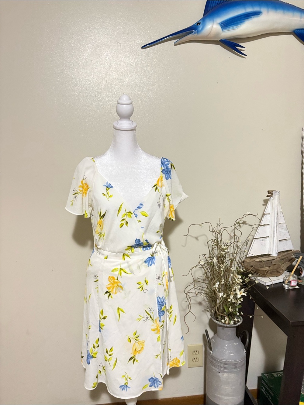 French Connection Blue and Yellow Ruffled Midi Dress